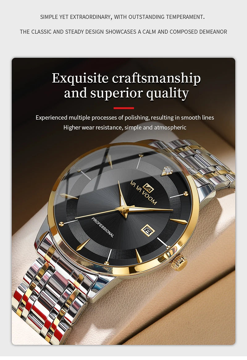 Montre homme en acier inoxydable, style business, luxe, strass