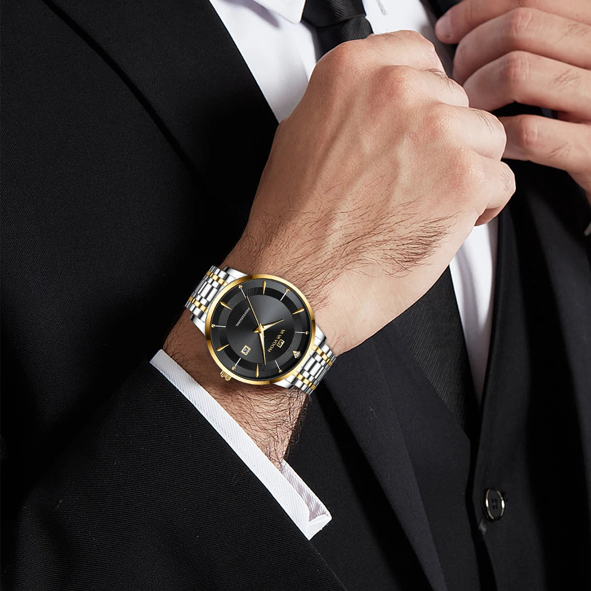 Montre homme en acier inoxydable, style business, luxe, strass