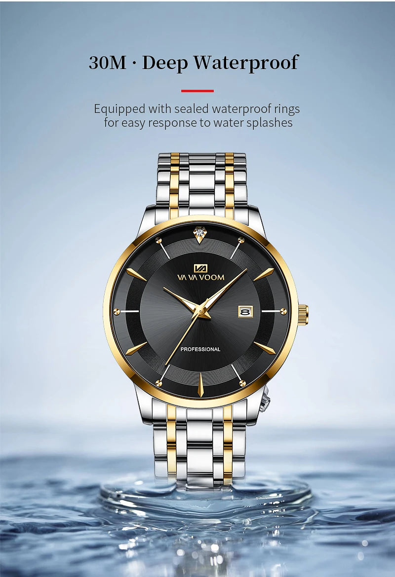 Montre homme en acier inoxydable, style business, luxe, strass