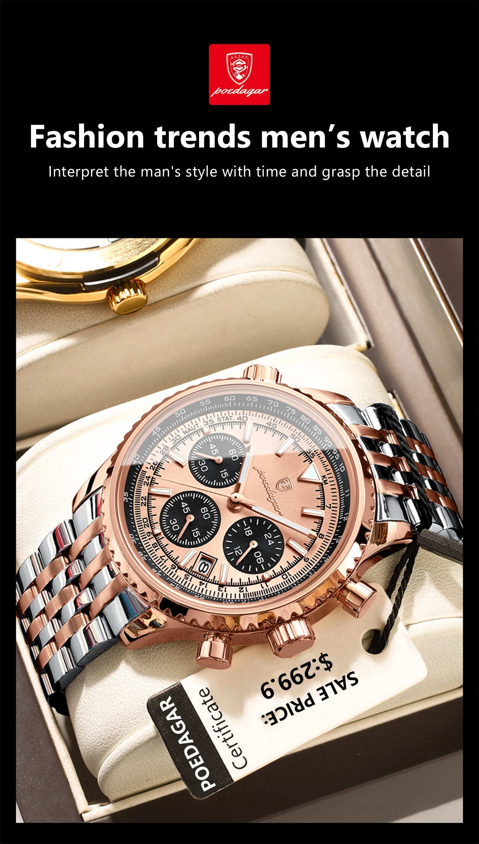 Montre de luxe pour hommes, chronographe étanche, date lumineuse