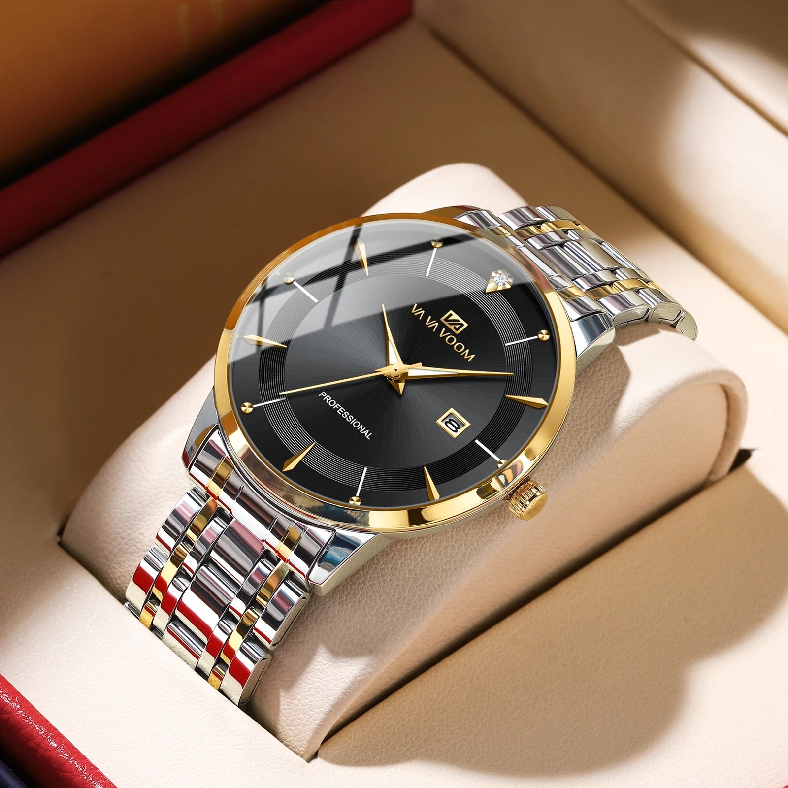 Montre homme en acier inoxydable, style business, luxe, strass