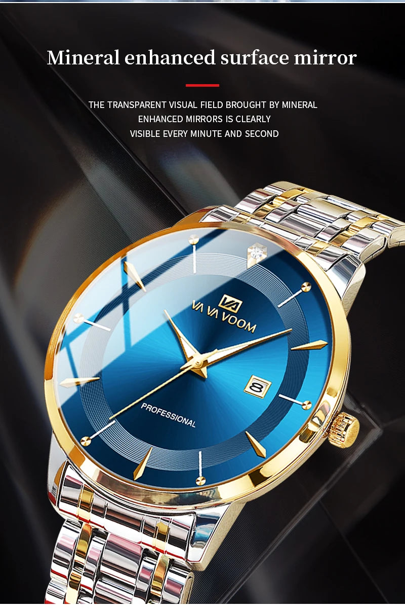 Montre homme en acier inoxydable, style business, luxe, strass