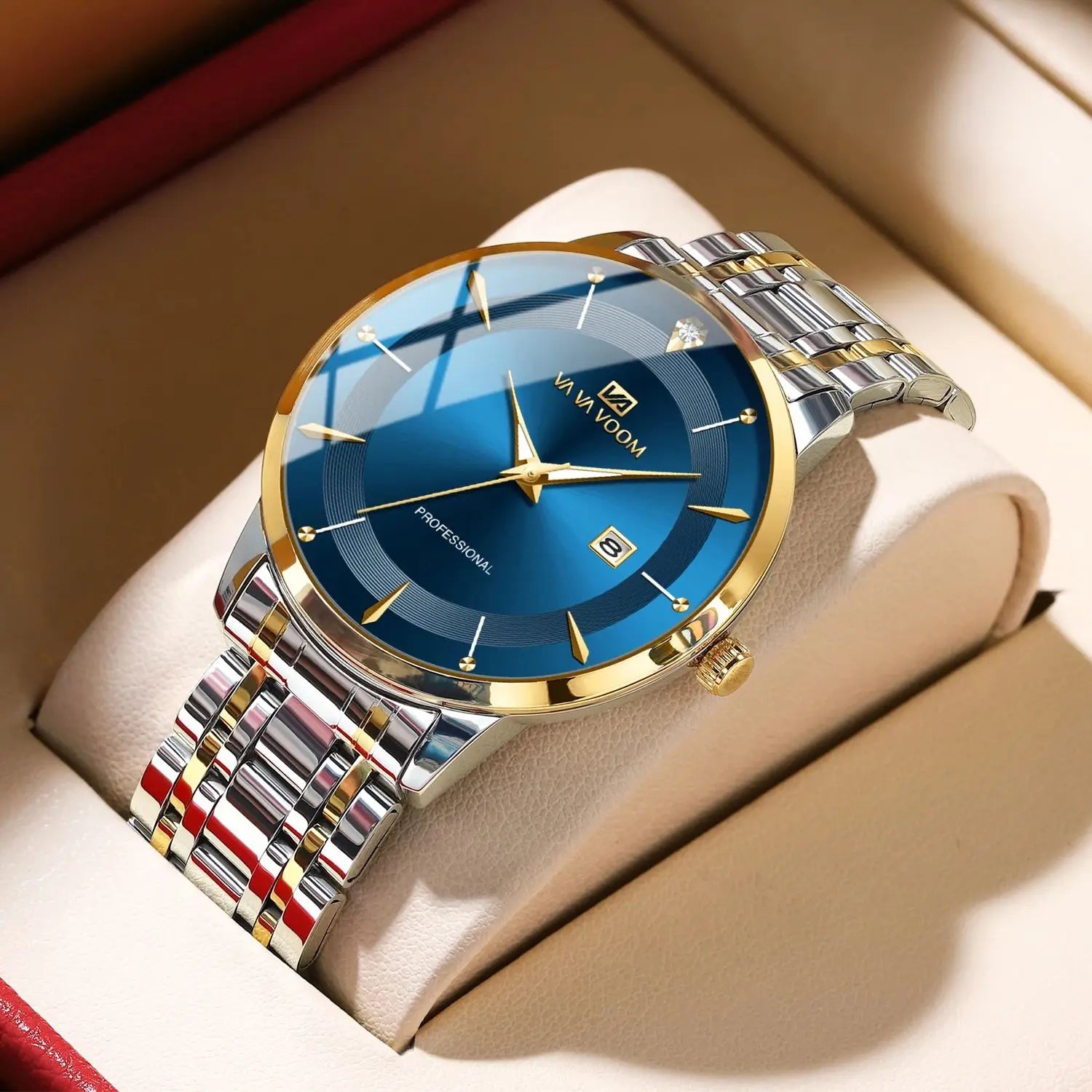 Montre homme en acier inoxydable, style business, luxe, strass