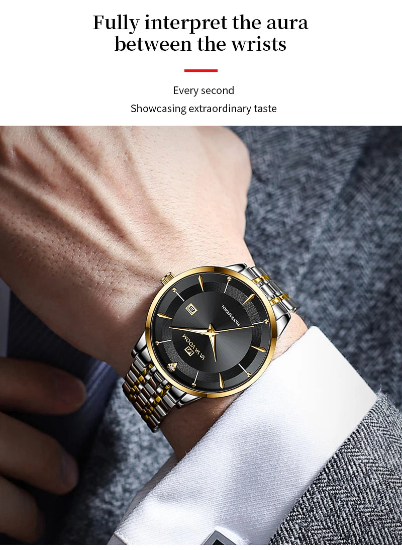 Montre homme en acier inoxydable, style business, luxe, strass