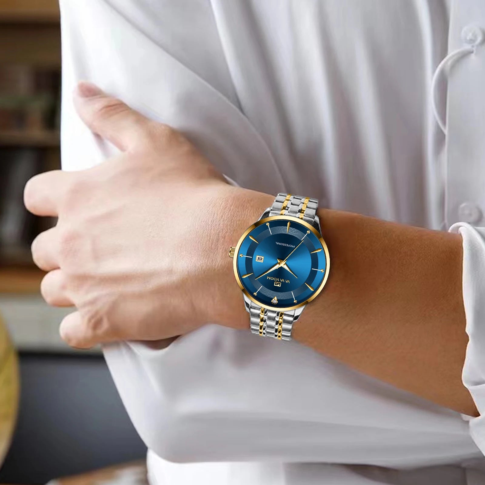 Montre homme en acier inoxydable, style business, luxe, strass