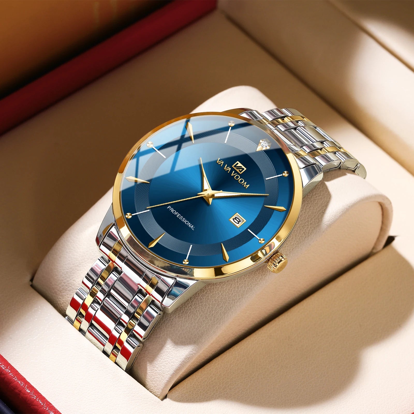 Montre homme en acier inoxydable, style business, luxe, strass