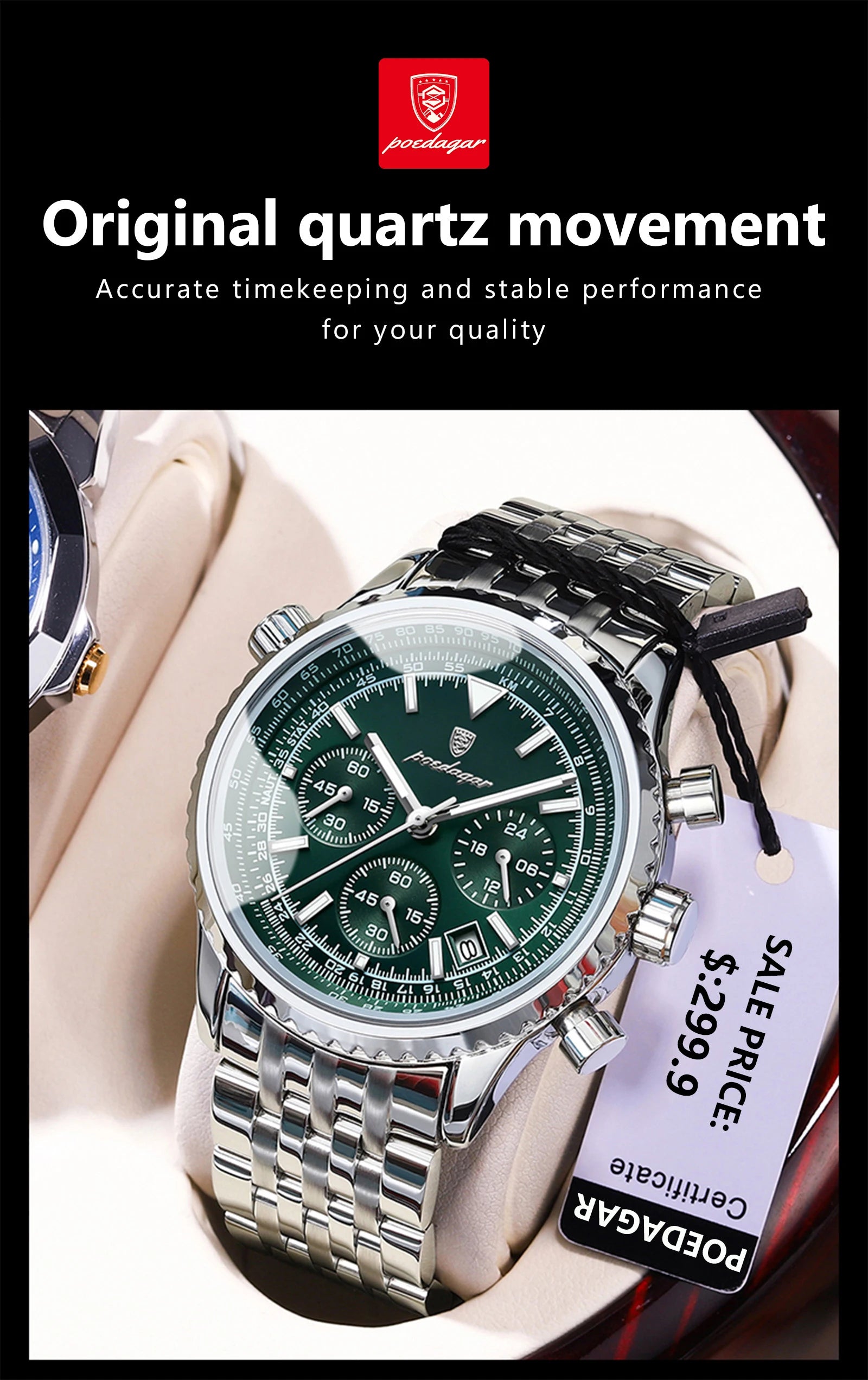 Montre de luxe pour hommes, chronographe étanche, date lumineuse