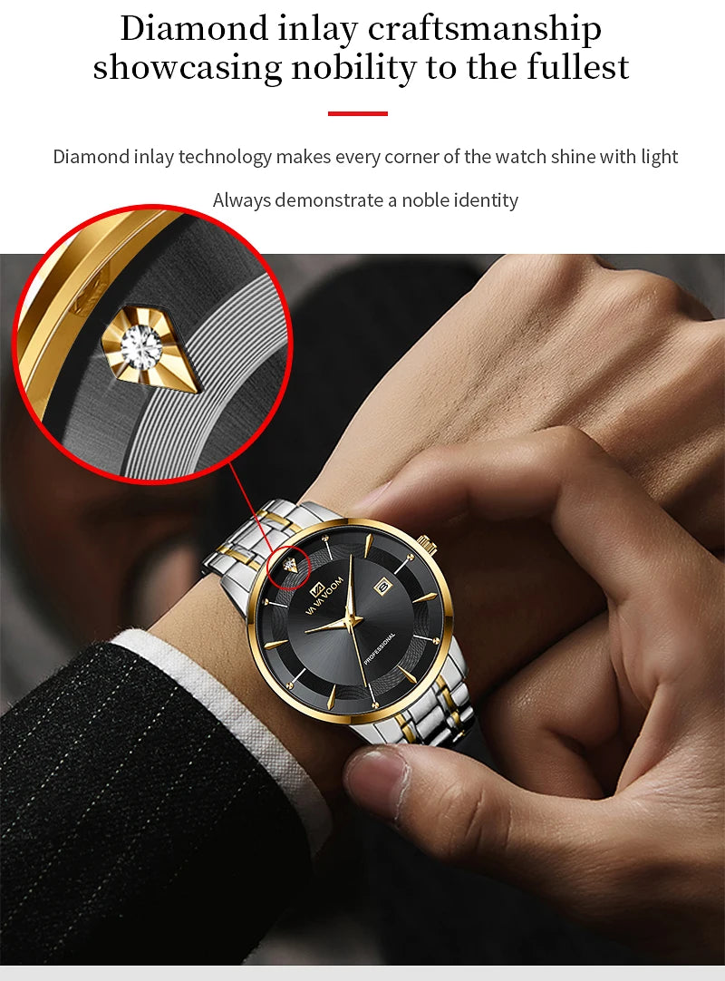 Montre homme en acier inoxydable, style business, luxe, strass