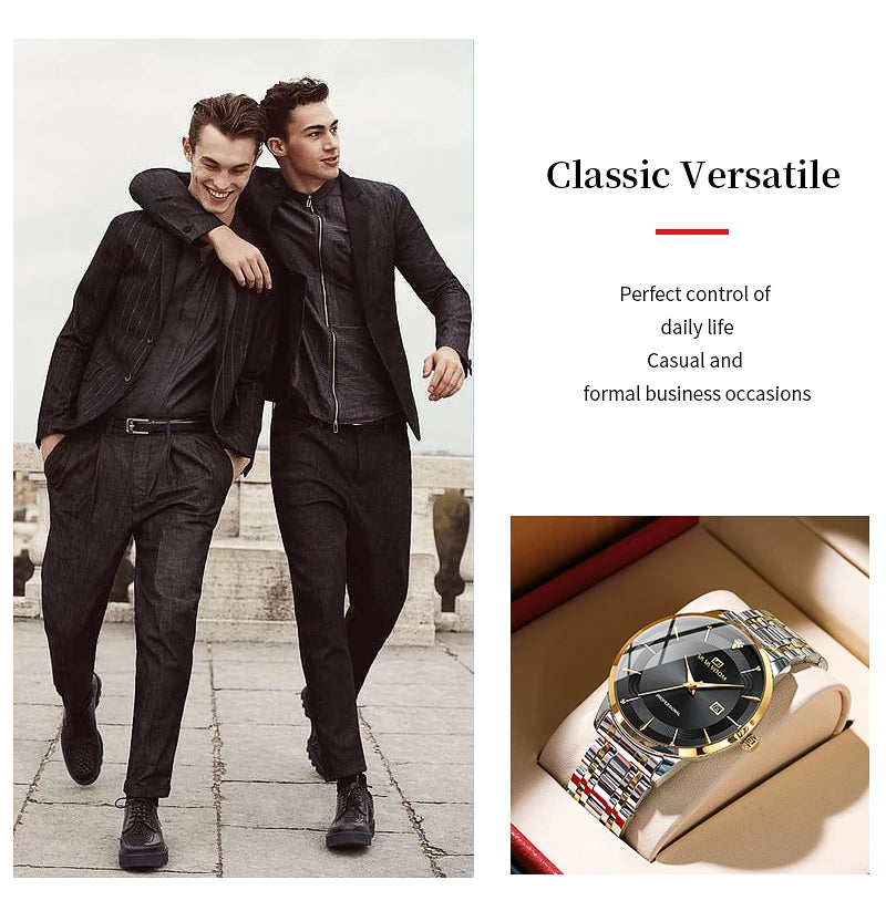 Montre homme en acier inoxydable, style business, luxe, strass