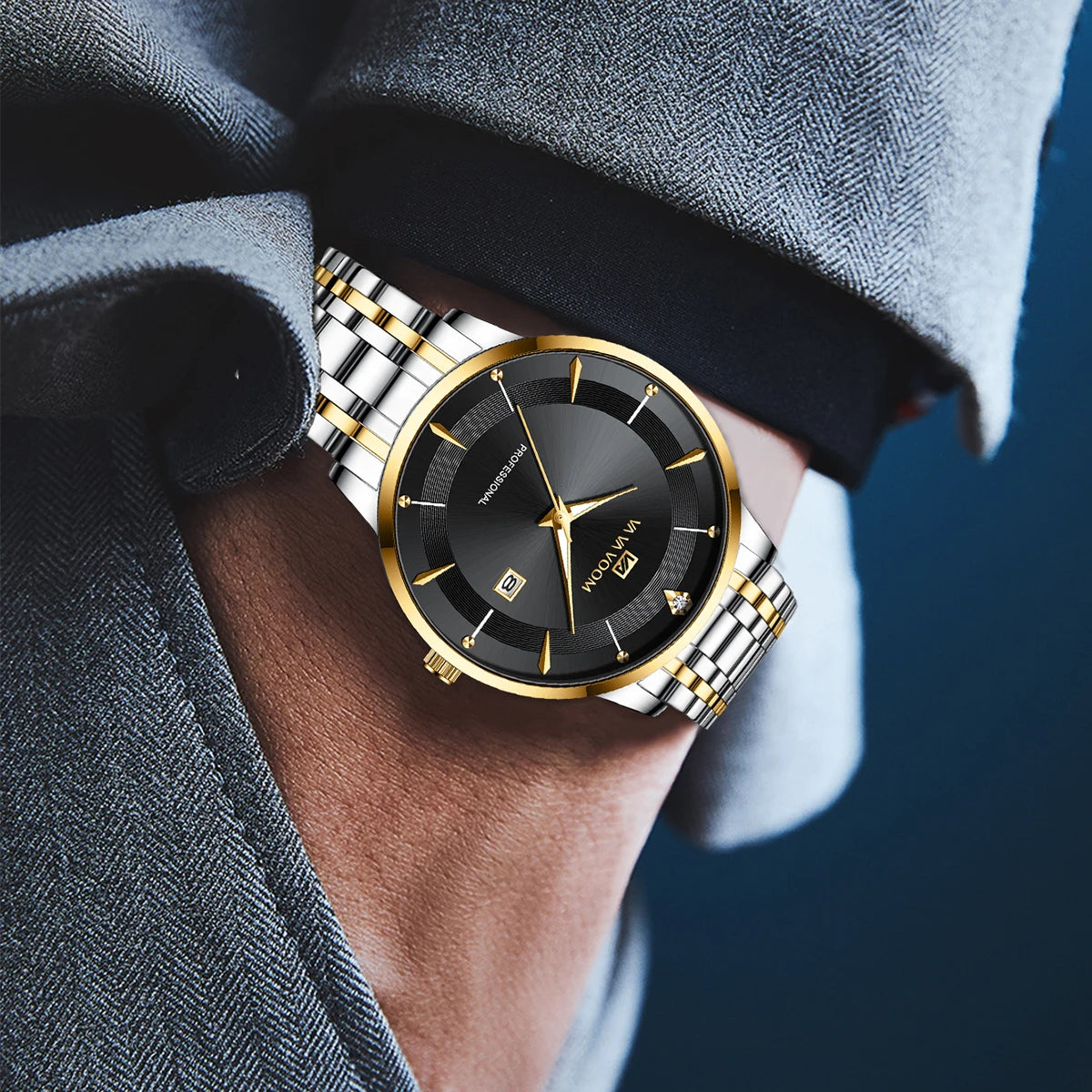 Montre homme en acier inoxydable, style business, luxe, strass