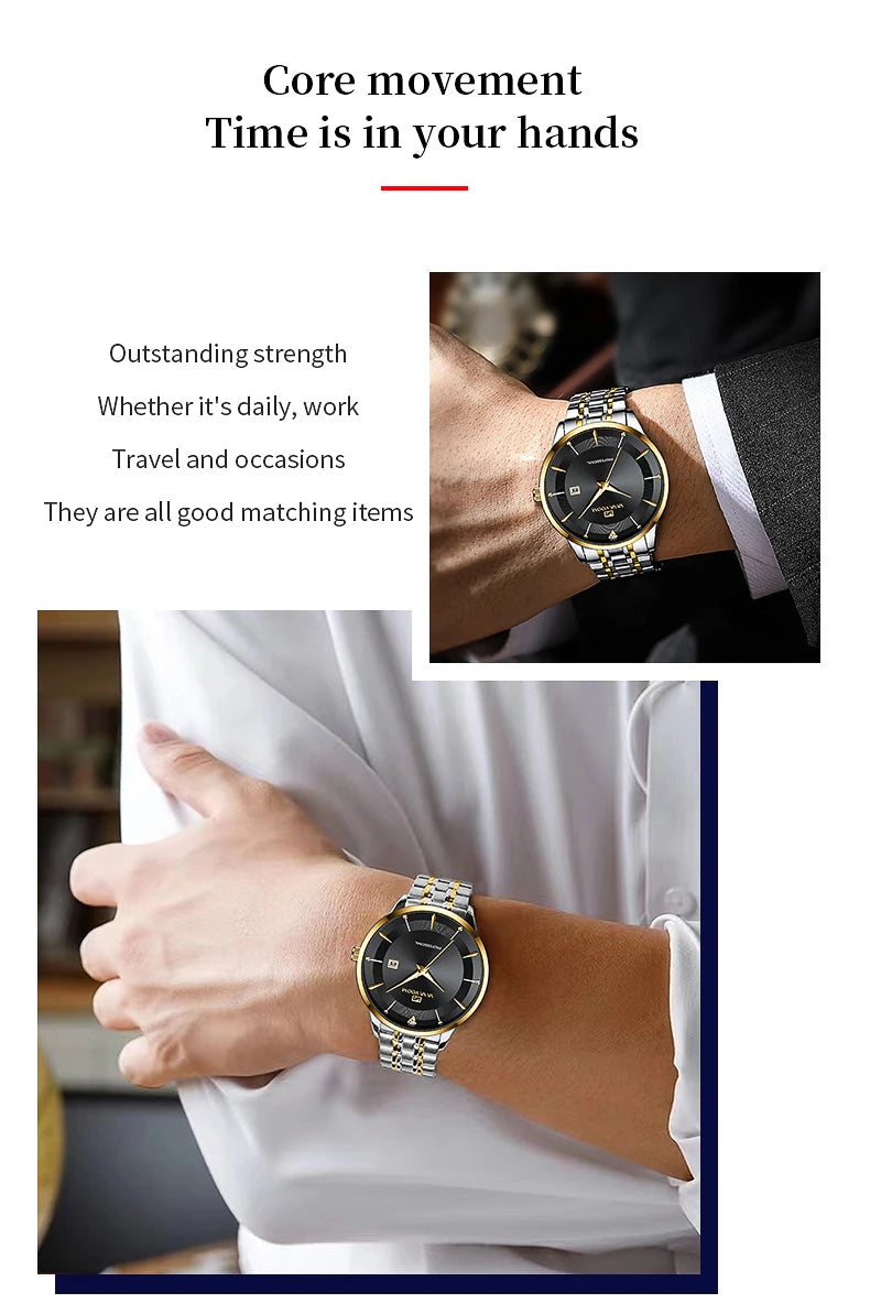 Montre homme en acier inoxydable, style business, luxe, strass