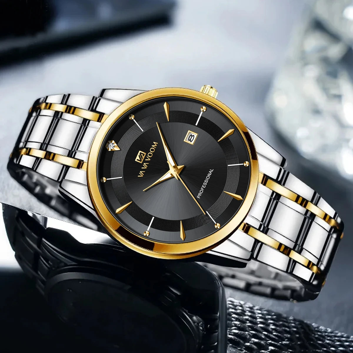 Montre homme en acier inoxydable, style business, luxe, strass