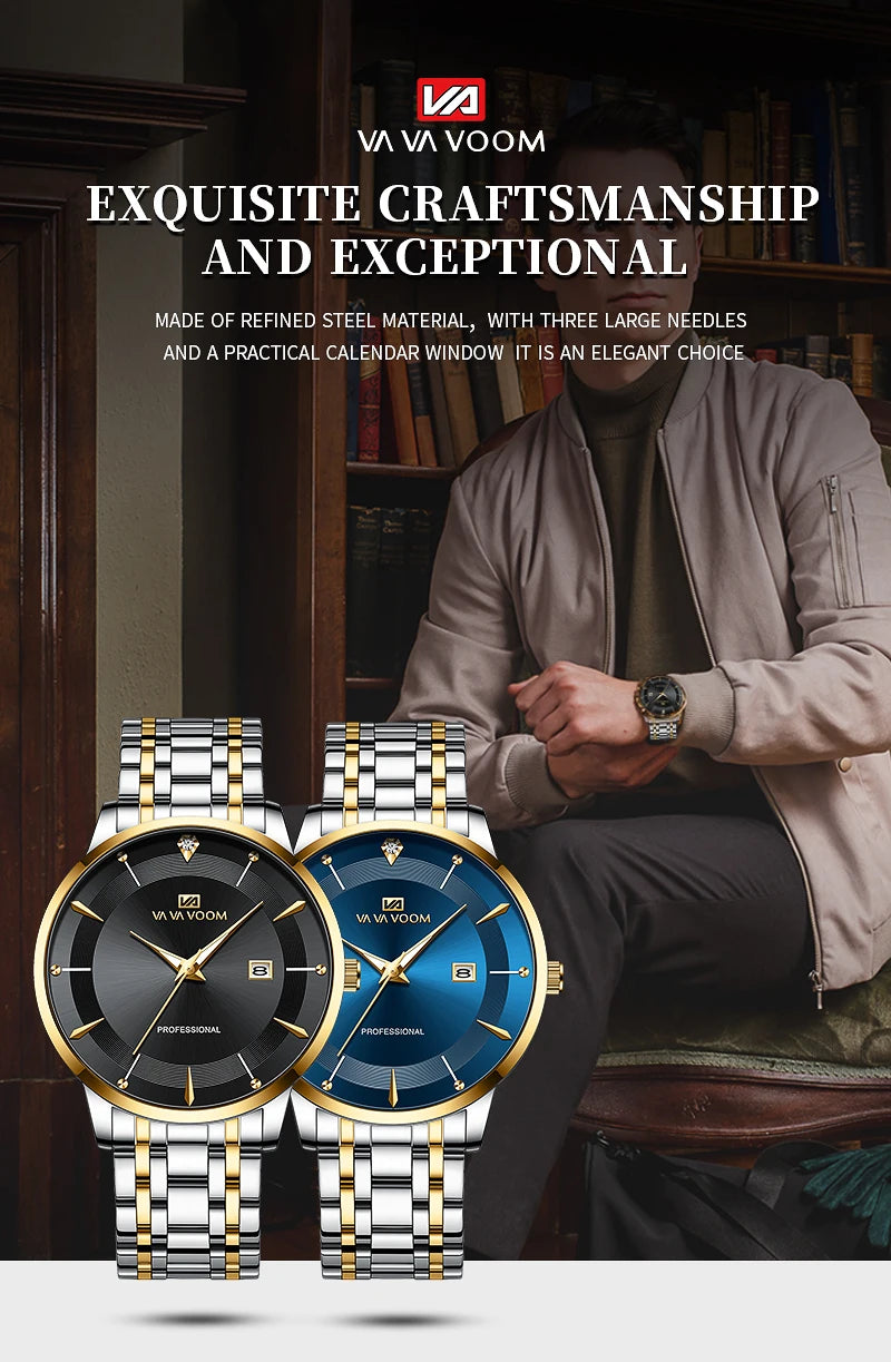 Montre homme en acier inoxydable, style business, luxe, strass