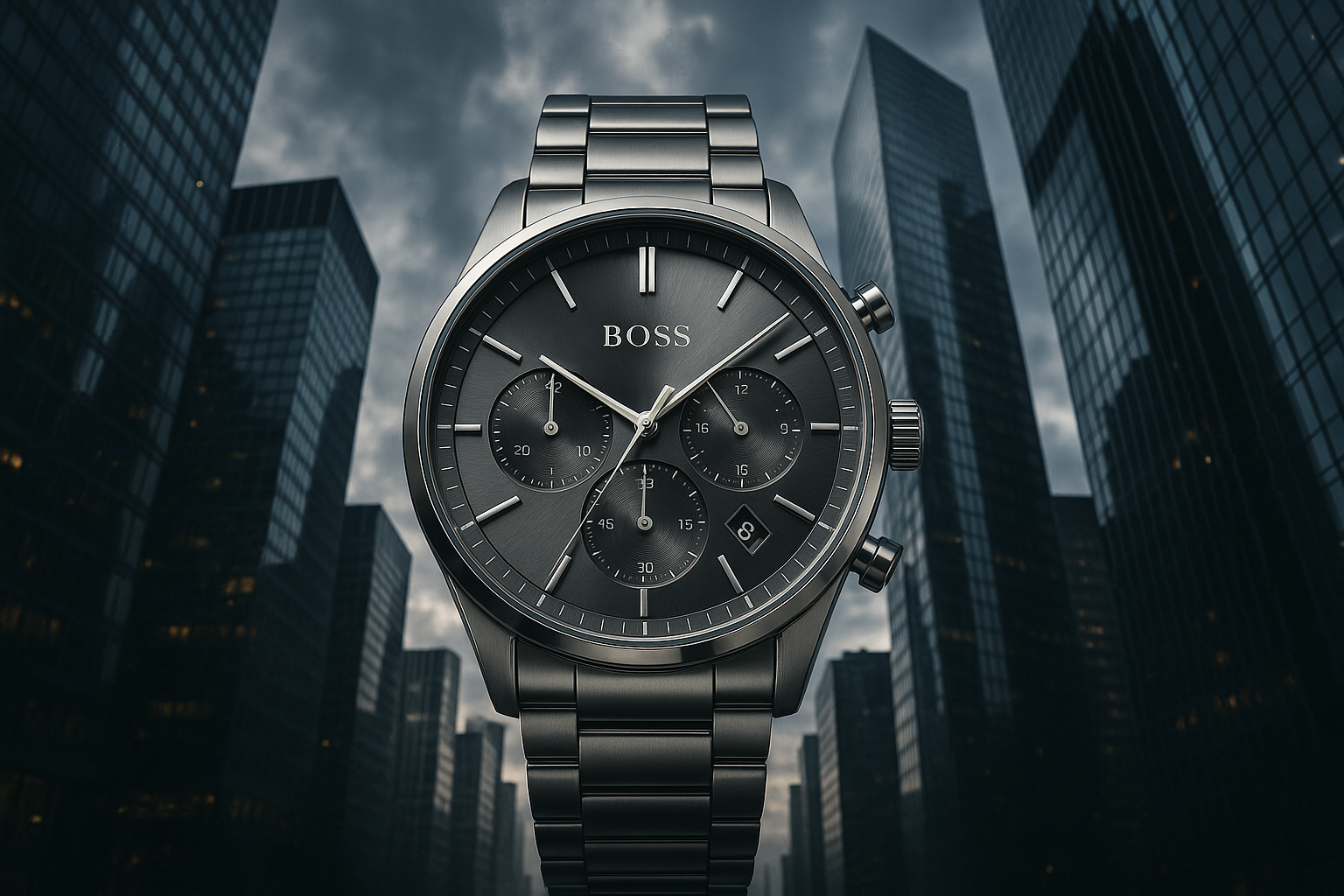 avec montre hugo boss de ma bibliotheque dans quartier de gratte ciel