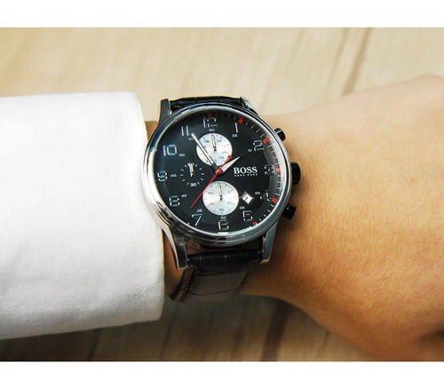Hugo Boss Montre Homme - Quartz Analogique - Cadran - Bracelet Cuir Noir